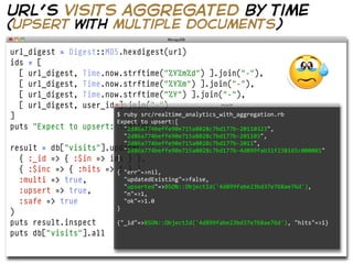 url’s visits aggregated by time
(upsert with multiple documents)

url_digest = Digest::MD5.hexdigest(url)
ids = [
  [ url_digest, Time.now.strftime("%Y%m%d") ].join("-"),
  [ url_digest, Time.now.strftime("%Y%m") ].join("-"),
  [ url_digest, Time.now.strftime("%Y") ].join("-"),
  [ url_digest, user_id ].join("-")
]                       $  ruby  src/realtime_analytics_with_aggregation.rb  
                        Expect  to  upsert:[
puts "Expect to upsert:     "2d86a774beffe90e715a8028c7bd177b-­‐20110323",
                         n#{ids}"
                              "2d86a774beffe90e715a8028c7bd177b-­‐201103",
                              "2d86a774beffe90e715a8028c7bd177b-­‐2011",  
result =   db["visits"].update(
                              "2d86a774beffe90e715a8028c7bd177b-­‐4d899fab31f238165c000001"
  { :_id   => { :$in => ids } },
                          ]
  { :$inc => { :hits => {  "err"=>nil,
                         1 } },
  :multi => true,           "updatedExisting"=>false,
                            "upserted"=>BSON::ObjectId('4d899fabe23bd37e768ae76d'),  
  :upsert => true,          "n"=>1,
  :safe => true             "ok"=>1.0
                        }
)
puts result.inspect     {"_id"=>BSON::ObjectId('4d899fabe23bd37e768ae76d'),  "hits"=>1}
puts db["visits"].all
 