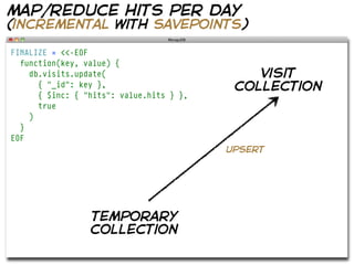 map/reduce hits per day
(incremental with savepoints)

FINALIZE = <<-EOF
  function(key, value) {
    db.visits.update(                         visit
      { "_id": key },                      collection
      { $inc: { "hits": value.hits } },
      true
    )
  }
EOF
                                          upsert




                 temporary
                 collection
 