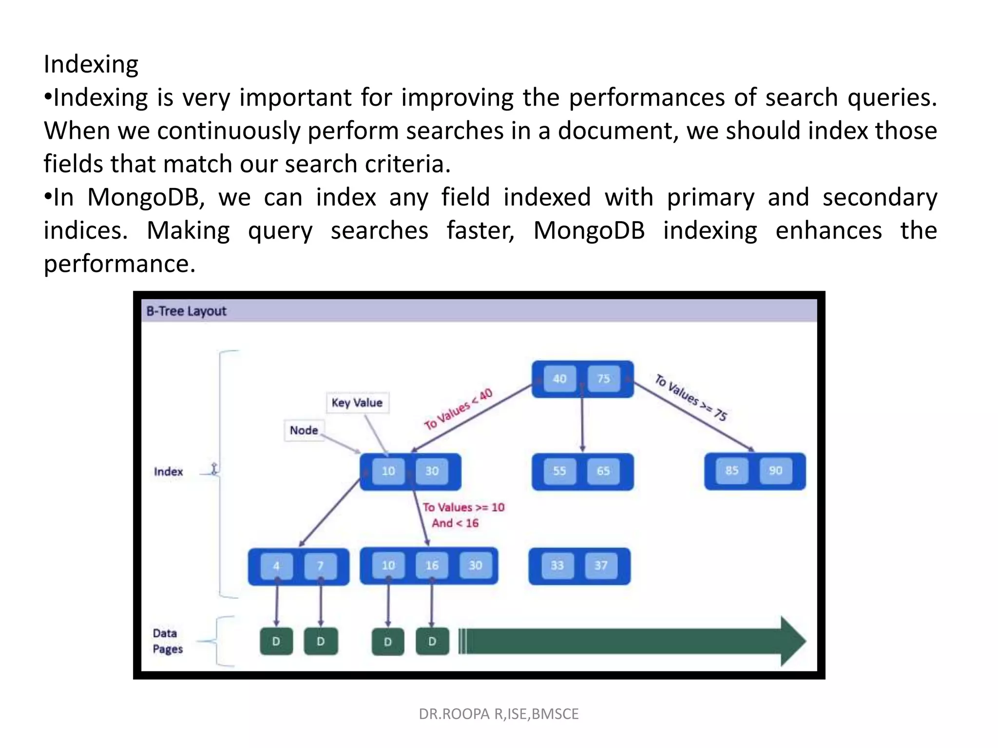 Indexing
•Indexing is very important for improving the performances of search queries.
When we continuously perform searches in a document, we should index those
fields that match our search criteria.
•In MongoDB, we can index any field indexed with primary and secondary
indices. Making query searches faster, MongoDB indexing enhances the
performance.
DR.ROOPA R,ISE,BMSCE
 