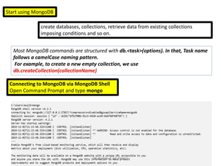 Start using MongoDB
create databases, collections, retrieve data from existing collections
imposing conditions and so on.
Most MongoDB commands are structured with db.<task>(options). In that, Task name
follows a camelCase naming pattern.
For example, to create a new empty collection, we use
db.createCollection(collectionName)
Connecting to MongoDB via MongoDB Shell
Open Command Prompt and type mongo
DR.ROOPA R,ISE,BMSCE
 