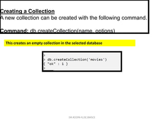 Creating a Collection
A new collection can be created with the following command.
Command: db.createCollection(name, options)
This creates an empty collection in the selected database
DR.ROOPA R,ISE,BMSCE
 