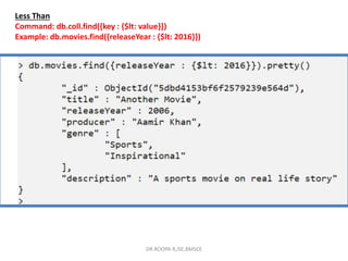 Less Than
Command: db.coll.find({key : {$lt: value}})
Example: db.movies.find({releaseYear : {$lt: 2016}})
DR.ROOPA R,ISE,BMSCE
 