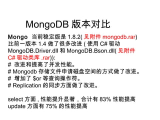 MongoDB 版本对比
Mongo 当前稳定版是 1.8.2( 见附件 mongodb.rar)
比前一版本 1.4 做了很多改进 ( 使用 C# 驱动
MongoDB.Driver.dll 和 MongoDB.Bson.dll( 见附件
C# 驱动类库 .rar)):
# 改进和提高了并发性能。
# Mongodb 存储文件申请磁盘空间的方式做了改进。
# 增加了 $or 等查询操作符。
# Replication 的同步方面做了改进。
select 方面 , 性能提升显著，合计有 83% 性能提高
update 方面有 75% 的性能提高
 