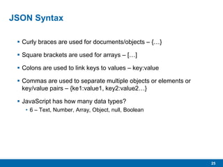 25
JSON Syntax
 Curly braces are used for documents/objects – {…}
 Square brackets are used for arrays – […]
 Colons are used to link keys to values – key:value
 Commas are used to separate multiple objects or elements or
key/value pairs – {ke1:value1, key2:value2…}
 JavaScript has how many data types?
• 6 – Text, Number, Array, Object, null, Boolean
 