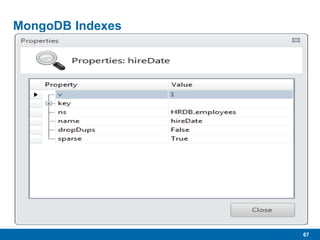 67
MongoDB Indexes
 Similar to RDBMS Indexes, Btree (support range queries)
 Can have many
 Can be compound
• Including indexes of array fields in document
 Makes searches, aggregates, and group functions faster
 Makes writes slower
 Sparse = true
• Only include documents in this index that actually contain a value in the
indexed field.
 