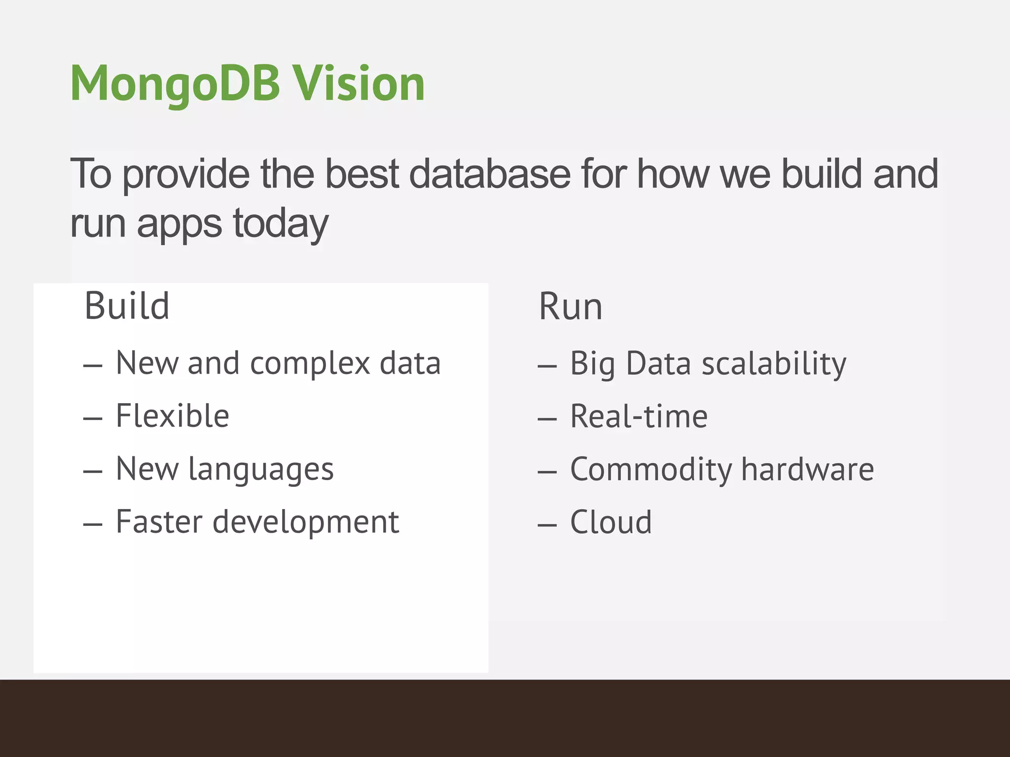 To provide the best database for how we build and
run apps today
MongoDB Vision
Build
– New and complex data
– Flexible
– New languages
– Faster development
Run
– Big Data scalability
– Real-time
– Commodity hardware
– Cloud
 