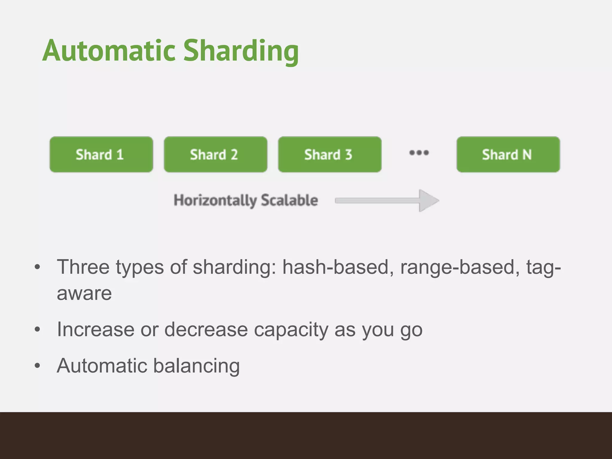 Automatic Sharding
• Three types of sharding: hash-based, range-based, tag-
aware!
• Increase or decrease capacity as you go!
• Automatic balancing
 