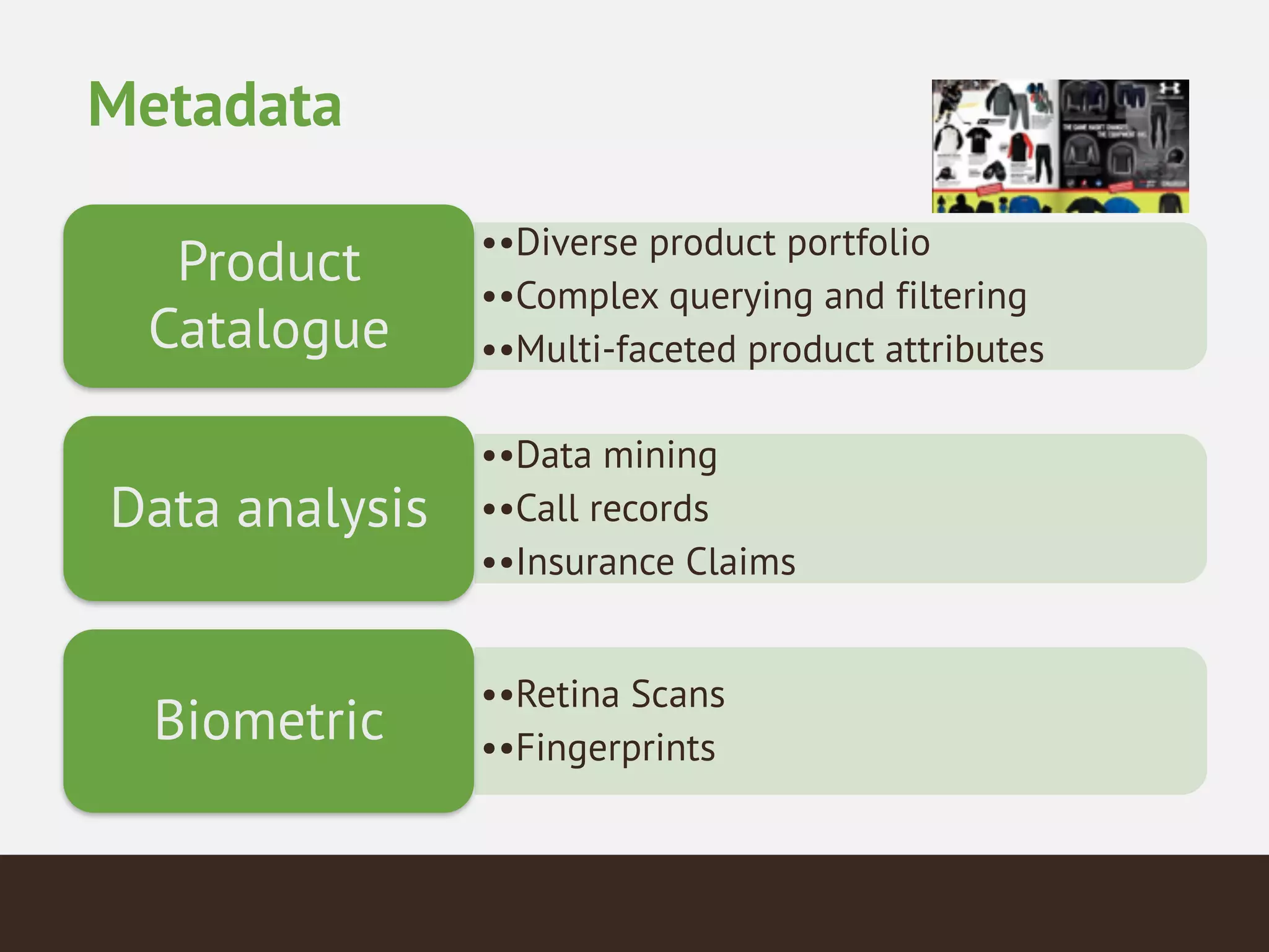 Metadata
••Diverse product portfolio
••Complex querying and filtering
••Multi-faceted product attributes
Product
Catalogue
••Data mining
••Call records
••Insurance Claims
Data analysis
••Retina Scans
••Fingerprints
Biometric
 