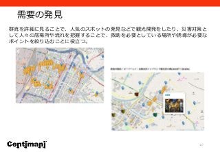 需要の発見
10
群流を詳細に見ることで、人気のスポットの発見などで観光開発をしたり、災害対策と
して人々の居場所や流れを把握することで、救助を必要としている場所や誘導が必要な
ポイントを絞り込むことに役立つ。
 