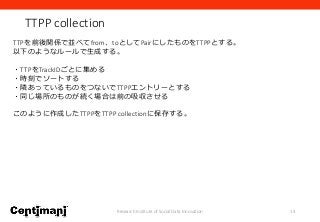 TTPP collection
Research Institute of Social Data Innovation 14
TTPを前後関係で並べてfrom、toとしてPairにしたものをTTPPとする。
以下のようなルールで生成する。
・TTPをTrackIDごとに集める
・時刻でソートする
・隣あっているものをつないでTTPPエントリーとする
・同じ場所のものが続く場合は前の吸収させる
このように作成したTTPPをTTPP collectionに保存する。
 