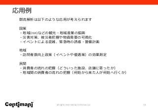 応用例
18all rights reserved by Centimani co.
群流解析は以下のような応用が考えられます
国策
・地域DMOなどの観光・地域産業の振興
・災害対策、被災者把握や物資需要の可視化
・イベントによる混雑、緊急時の誘導・警備計画
地域
・訪問者数向上政策（イベントや優遇策）の効果測定
民間
・消費者の流れの把握（どういった施設、店舗に寄ったか）
・地域間の消費者の流れの把握（何処から来た人が何処へ行くか）
 