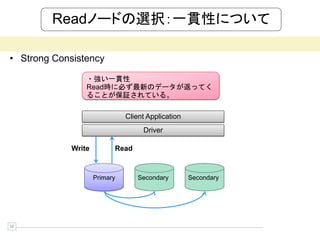 Readノードの選択：一貫性について

• Strong Consistency

                 ・強い一貫性
                 Read時に必ず最新のデータが返ってく
                 ることが保証されている。

                               Client Application
                                    Driver

             Write         Read


                     Primary       Secondary        Secondary




12
 