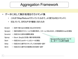 Aggregation Framework

• データに対して集計処理を行うコマンド集
            • これまでMap/Reduceで行っていたもので、よく使うものをコマンドに
            • SQLでいう、GROUP BY機能に似たもの


    $match     ・・・条件で絞り込みを実施（SQLのWHERE）
    $project   ・・・集計処理を行うフィールドの選択/除外、リネーム（SQLのAS）、計算結果のInsertを実施
    $unwind ・・・指定された配列の展開を実施
    $group     ・・・$sum, $avgなどを使い集計処理を実施
                                              $projectと$unwindについて
    $sort      ・・・指定されたsortキーによるソートを実施        は、次ページ以降で説明
    $skip      ・・・指定された数字分スキップして次の処理へ渡す
    $limit     ・・・指定された数字分の結果を次の処理へ渡す




7
 