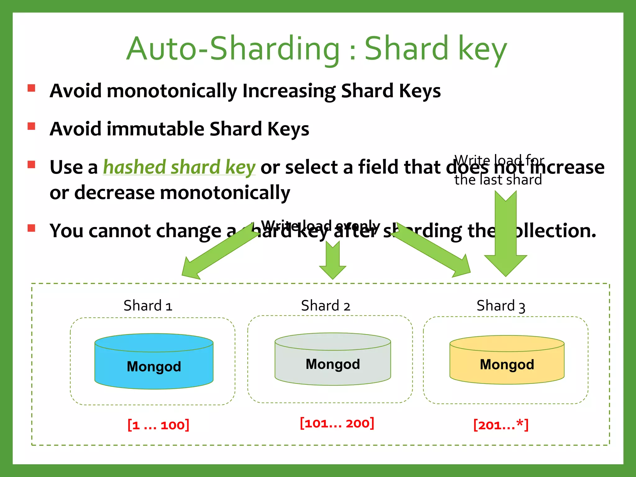Auto-Sharding : Shard key
 Avoid monotonically Increasing Shard Keys
 Avoid immutable Shard Keys
 Use a hashed shard key or select a field that does not increase
or decrease monotonically
 You cannot change a shard key after sharding the collection.
Mongod
Shard 2
Mongod
Shard 1
Mongod
Shard 3
[1 … 100] [101… 200] [201…*]
Write load for
the last shard
Write load evenly
 