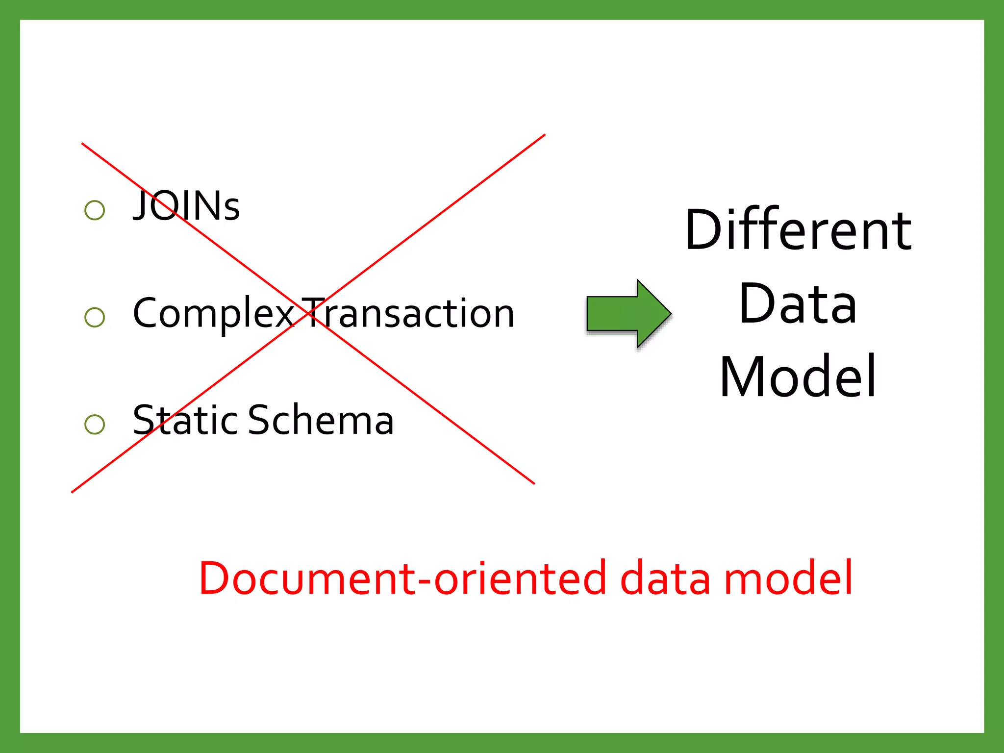 o JOINs
o ComplexTransaction
o Static Schema
Different
Data
Model
Document-oriented data model
 