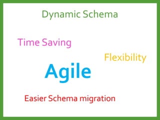 Agile
Easier Schema migration
Time Saving
Flexibility
Dynamic Schema
 