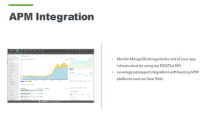 APM Integration
• Monitor MongoDB alongside the rest of your app
infrastructure by using our RESTful API
• Leverage packaged integrations with leading APM
platforms such as New Relic
 