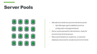 Server Pools
• Allocate and create pre-provisioned server pools
• Ops Manager agentinstalled to pool via
configuration managementtools
• Server pools exposed to internal teams, ready for
provisioning into local groups
• Allow administrators to create true, on demand
database resources for private cloud environments
 