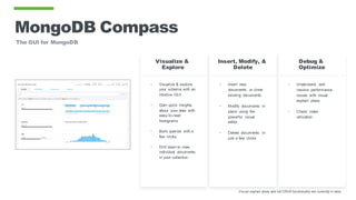 MongoDB Compass
• Visualize & explore
your schema with an
intuitive GUI
• Gain quick insights
about your data with
easy-to-read
histograms
• Build queries with a
few clicks
• Drill down to view
individual documents
in your collection
• Understand and
resolve performance
issues with visual
explain plans
• Check index
utilization
Debug &
Optimize
Visualize &
Explore
The GUI for MongoDB
Visual explain plans and full CRUD functionality are currently in beta.
• Insert new
documents or clone
existing documents
• Modify documents in
place using the
powerful visual
editor
• Delete documents in
just a few clicks
Insert, Modify, &
Delete
 