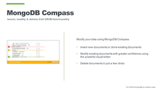 MongoDB Compass
Insert, modify & delete: Full CRUD functionality
Modify your data using MongoDB Compass.
• Insert new documents or clone existing documents
• Modify existing documents with greater confidence using
the powerful visual editor
• Delete documents in just a few clicks
Full CRUD functionality is currently in beta.
 