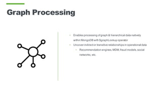 Graph Processing
• Enables processing ofgraph & hierarchical data natively
within MongoDB with $graphLookup operator
• Uncover indirector transitive relationships in operational data
• Recommendation engines,MDM,fraud models,social
networks, etc.
 
