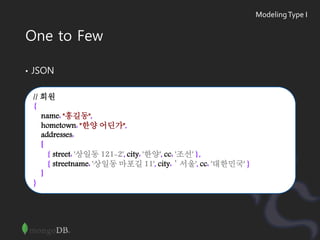 One to Few
• JSON
// 회원
{
name: "홍길동",
hometown: "한양 어딘가",
addresses:
[
{ street: '상일동 121-2', city: '한양', cc: '조선' },
{ streetname: '상일동 마포길 11', city:＇서울', cc: '대한민국' }
]
}
ModelingType I
 
