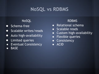 NoSQL vs RDBMS

          NoSQL                        RDBMS
● Schema-free              ●   Relational schema
                           ●   Scalable reads
● Scalable writes/reads
                           ●   Custom high-availability
● Auto high-availability   ●   Flexible queries
● Limited queries          ●   Consistency
● Eventual Consistency     ●   ACID
● BASE
 