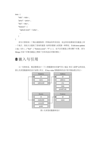 item : {
    "title" : <title> ,
    "price" : <price> ,
    "sku" : <sku> ,
    "features" : {
        "optical zoom" : <value> ,
        ...
    }
}
     因为只要查询一个集合就能取得一件物品的所有信息，而这些信息都保存在磁盘上同
一个地方，因此大大提高了查询的速度。如果你想插入或更新一种特征，如 db.items.update(
{ sku : 123 } , { "$set" : { "features.zoom" : "5" } } ) ，也不必在磁盘上移动整个对象，因为
Mongo 为每个对象在磁盘上预留了空间来适应对象的增长。



8 嵌入与引用
     以一实例来说，假设需要设计一个小型数据库来存储“学生、地址、科目、成绩”这些信息，
那么关系型数据库的设计如图 1 所示，而 key-value 型数据库的设计则可能如图 2 所示。




                                     图 1 关系型的数据库设计
 