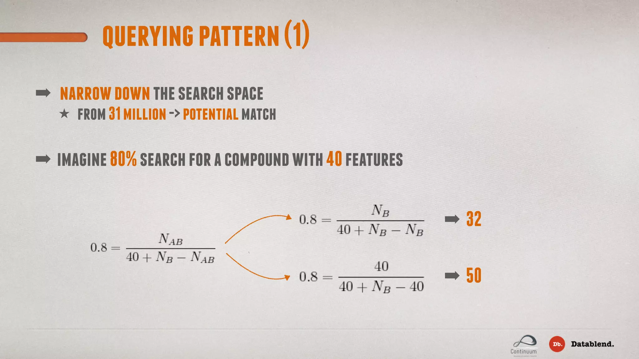 queryingpattern(1) ★ from31million->potentialmatch ➡ narrowdownthesearchspace ➡ imagine80%searchforacompoundwith40features ➡ 32 ➡ 50 