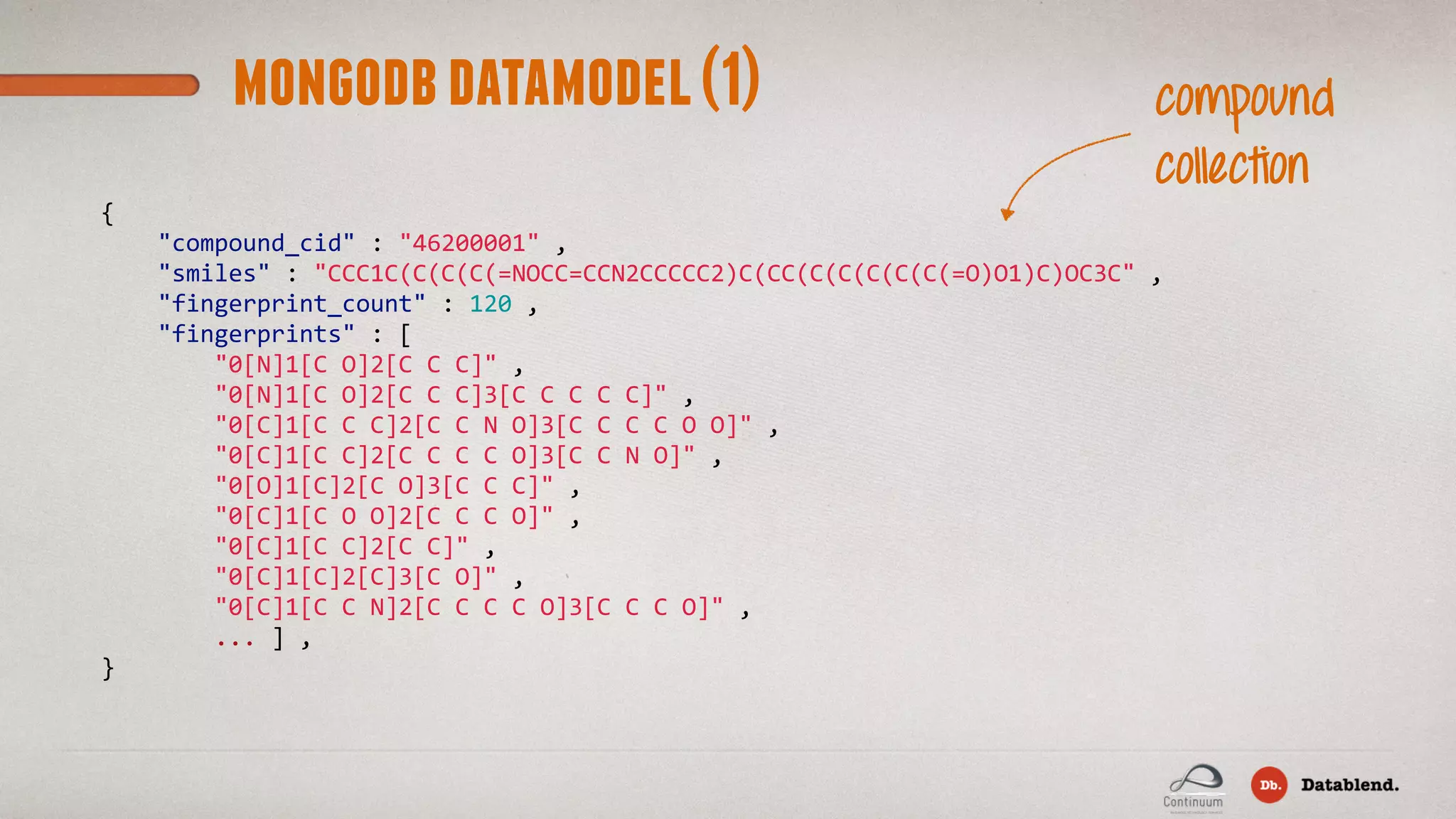 mongodbdatamodel(1) {          "compound_cid"  :  "46200001"  ,          "smiles"  :  "CCC1C(C(C(C(=NOCC=CCN2CCCCC2)C(CC(C(C(C(C(C(=O)O1)C)OC3C"  ,        "fingerprint_count"  :  120  ,          "fingerprints"  :  [                  "0[N]1[C  O]2[C  C  C]"  ,                "0[N]1[C  O]2[C  C  C]3[C  C  C  C  C]"  ,                "0[C]1[C  C  C]2[C  C  N  O]3[C  C  C  C  O  O]"  ,                "0[C]1[C  C]2[C  C  C  C  O]3[C  C  N  O]"  ,                "0[O]1[C]2[C  O]3[C  C  C]"  ,                  "0[C]1[C  O  O]2[C  C  C  O]"  ,                  "0[C]1[C  C]2[C  C]"  ,                  "0[C]1[C]2[C]3[C  O]"  ,                  "0[C]1[C  C  N]2[C  C  C  C  O]3[C  C  C  O]"  ,                ...  ]  ,   } compound collection 