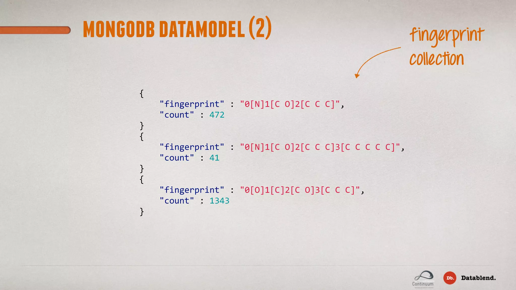 mongodbdatamodel(2) fingerprint collection {          "fingerprint"  :  "0[N]1[C  O]2[C  C  C]",        "count"  :  472 } {          "fingerprint"  :  "0[N]1[C  O]2[C  C  C]3[C  C  C  C  C]",        "count"  :  41 } {        "fingerprint"  :  "0[O]1[C]2[C  O]3[C  C  C]",        "count"  :  1343 } 