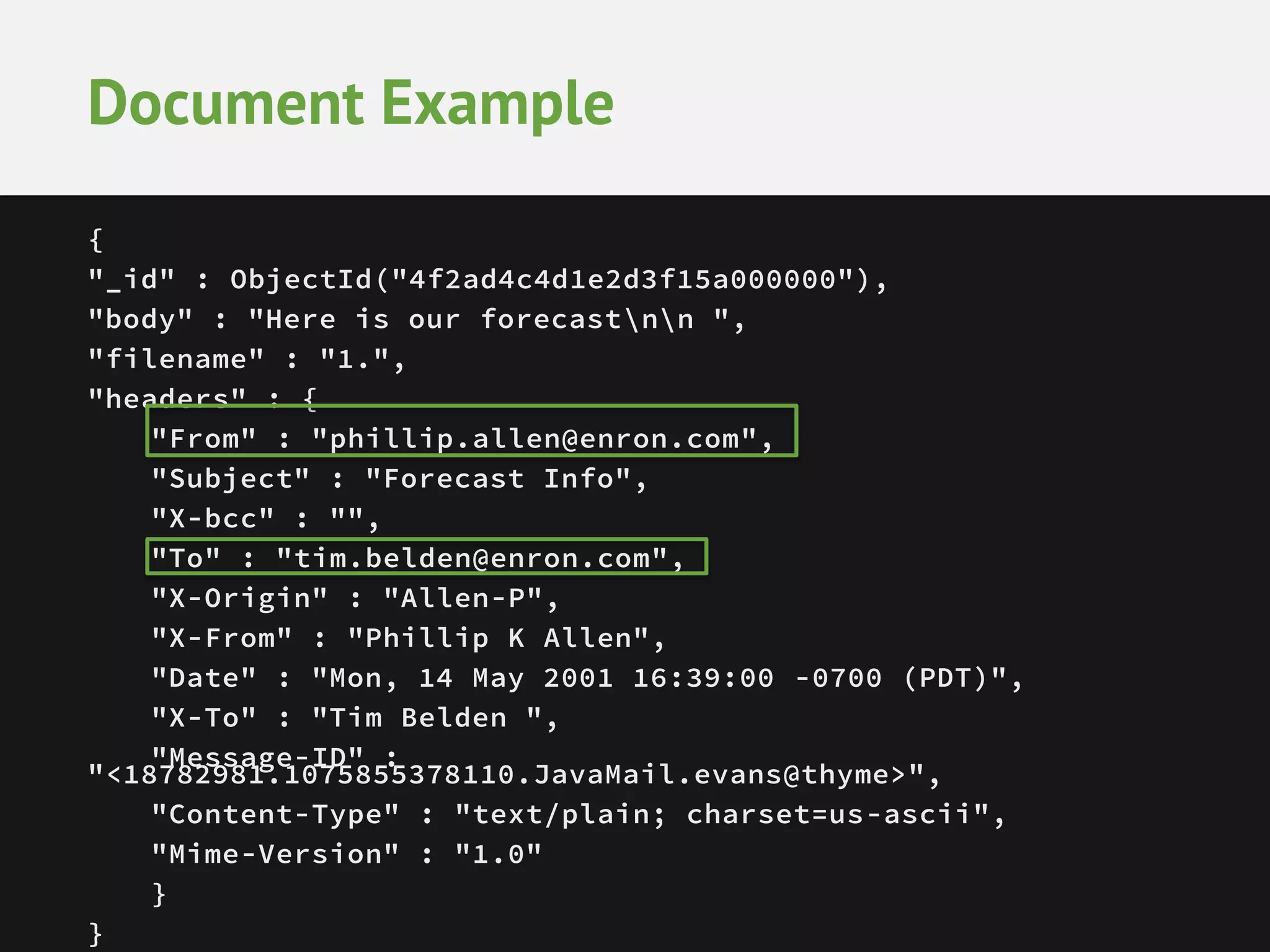 Document Example { "_id" : ObjectId("4f2ad4c4d1e2d3f15a000000"), "body" : "Here is our forecastnn ", "filename" : "1.", "headers" : { "From" : "phillip.allen@enron.com", "Subject" : "Forecast Info", "X-bcc" : "", "To" : "tim.belden@enron.com", "X-Origin" : "Allen-P", "X-From" : "Phillip K Allen", "Date" : "Mon, 14 May 2001 16:39:00 -0700 (PDT)", "X-To" : "Tim Belden ", "Message-ID" : "<18782981.1075855378110.JavaMail.evans@thyme>", "Content-Type" : "text/plain; charset=us-ascii", "Mime-Version" : "1.0" } } 