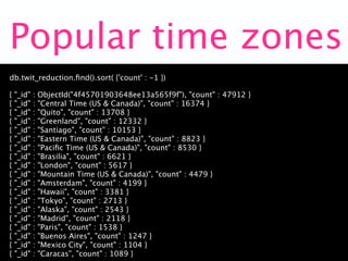 Popular time zones
db.twit_reduction.ﬁnd().sort( {'count' : -1 })

{   "_id"   :   ObjectId("4f45701903648ee13a565f9f"), "...