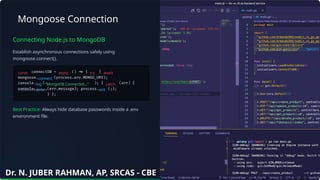 Mongoose Connection
Connecting Node.js to MongoDB
Establish asynchronous connections safely using
mongoose.connect().
Best Practice: Always hide database passwords inside a .env
environment file.
const async try await
connect
log "MongoDB Connected..." catch
error exit 1
// Exit with failure
Dr. N. JUBER RAHMAN, AP, SRCAS - CBE
 