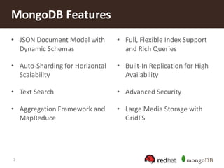 3
MongoDB Features
• JSON Document Model with
Dynamic Schemas
• Auto-Sharding for Horizontal
Scalability
• Text Search
• Aggregation Framework and
MapReduce
• Full, Flexible Index Support
and Rich Queries
• Built-In Replication for High
Availability
• Advanced Security
• Large Media Storage with
GridFS
 