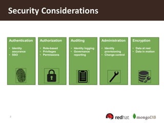 7
Security Considerations
Authentication
• Identity
assurance
• SSO
Authorization
• Role-based
• Privileges
• Permissions
Auditing
• Identity logging
• Governance
reporting
Administration
• Identity
provisioning
• Change control
Encryption
• Data at rest
• Data in motion
 
