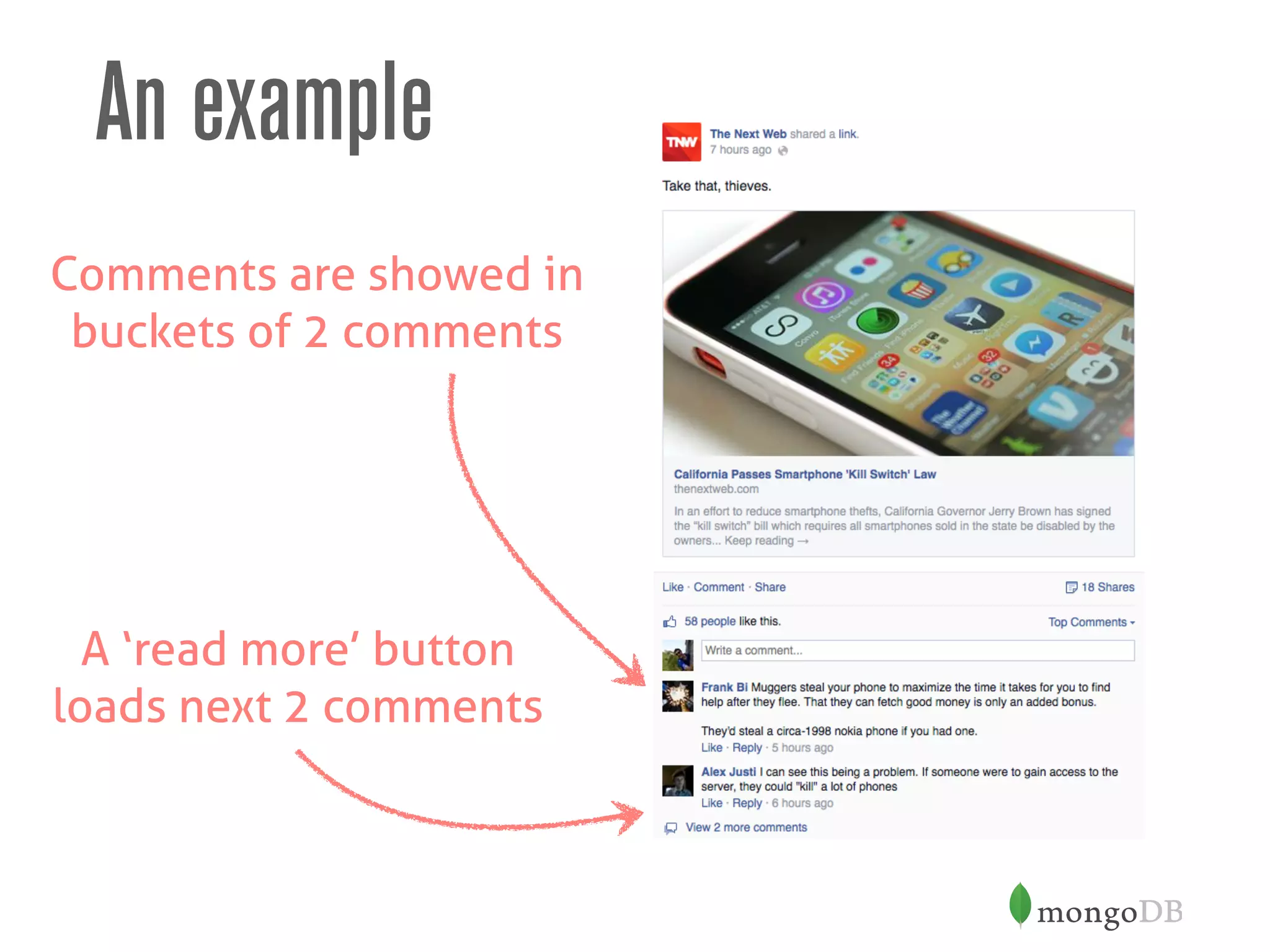 An example
Comments are showed in
buckets of 2 comments
A ‘read more’ button
loads next 2 comments
 