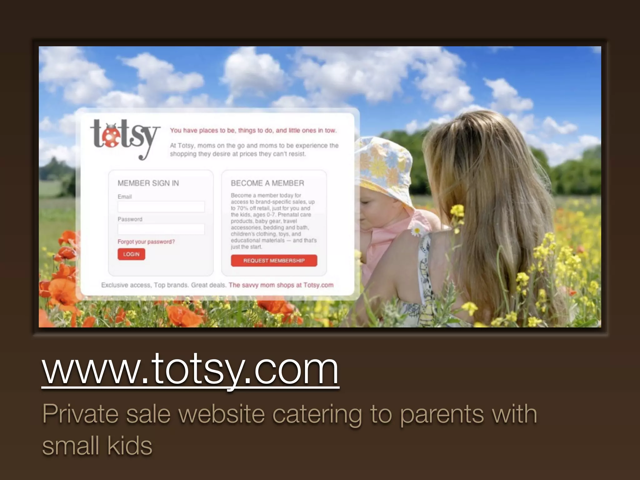 www.totsy.com
Private sale website catering to parents with
small kids
 