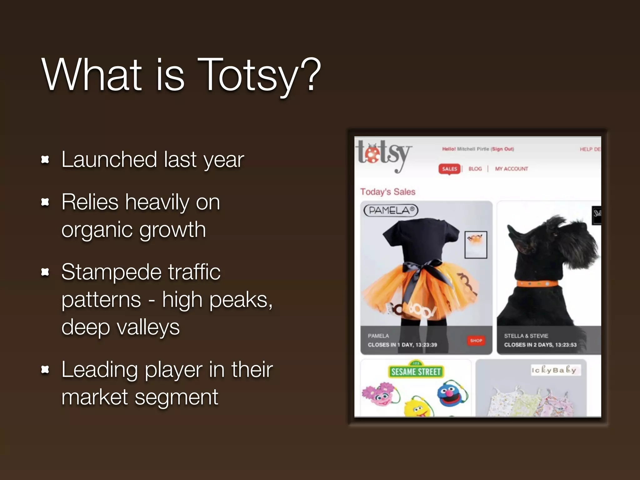 What is Totsy?
Launched last year
Relies heavily on
organic growth
Stampede trafﬁc
patterns - high peaks,
deep valleys
Leading player in their
market segment
 