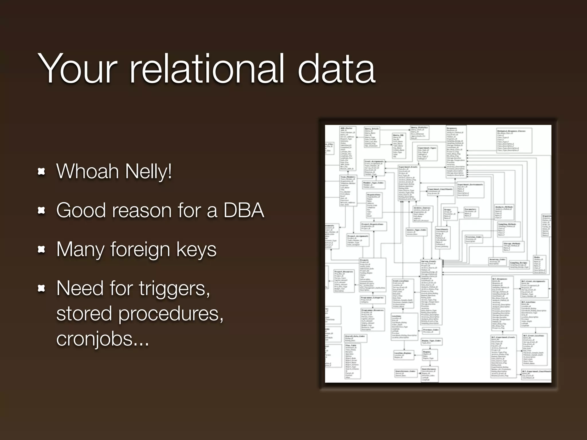 Your relational data

 Whoah Nelly!
 Good reason for a DBA
 Many foreign keys
 Need for triggers,
 stored procedures,
 cronjobs...
 