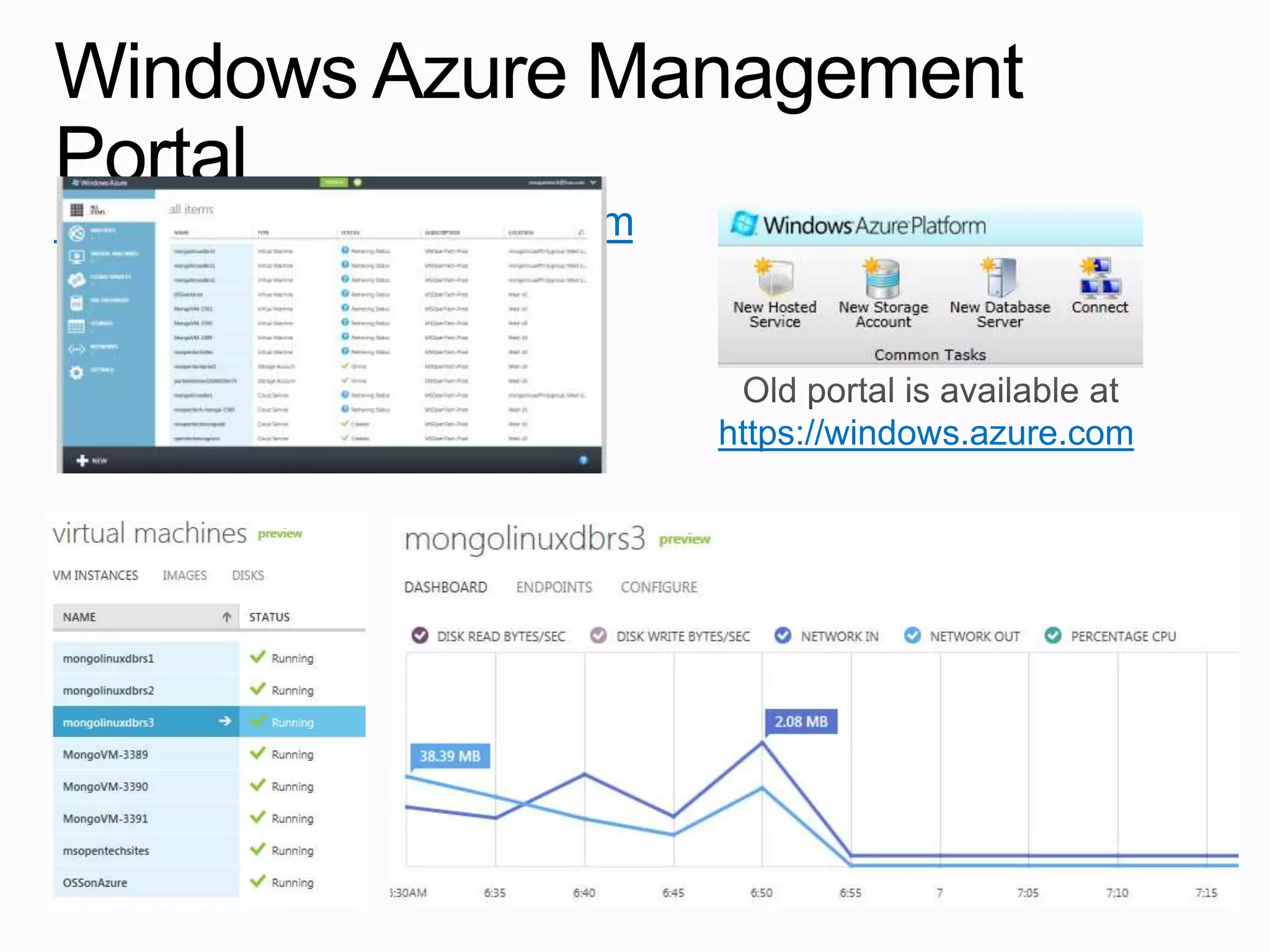 Windows Azure Management
Portal
http://manage.windowsazure.com



                                 https://windows.azure.com
 