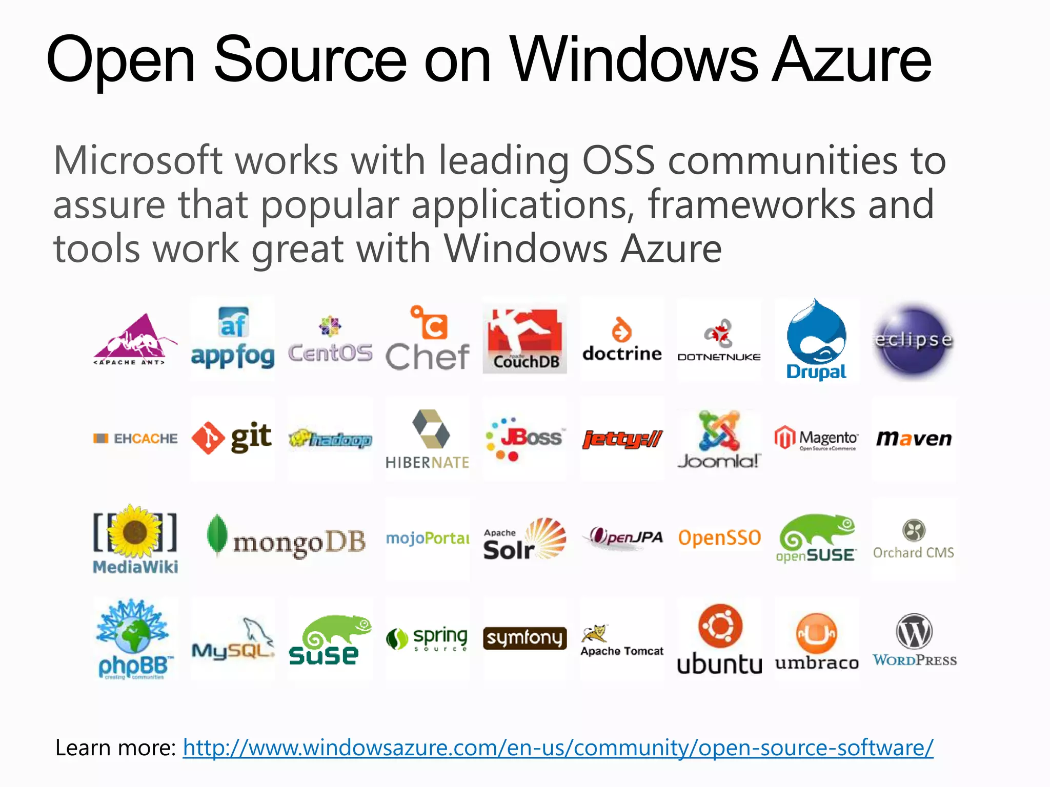Open Source on Windows Azure




Learn more: http://www.windowsazure.com/en-us/community/open-source-software/
 