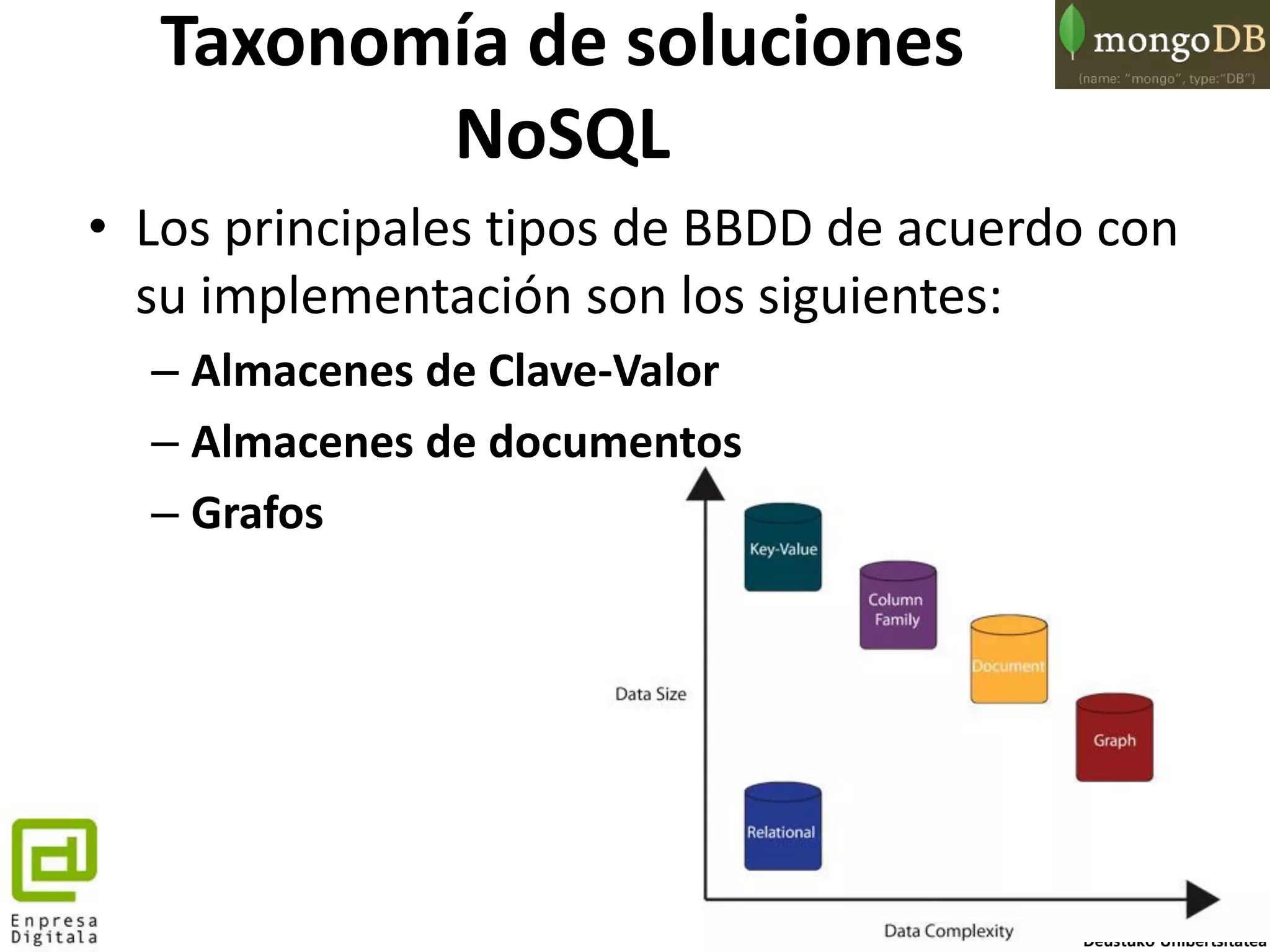 17
Taxonomía de soluciones
NoSQL
• Los principales tipos de BBDD de acuerdo con
su implementación son los siguientes:
– Almacenes de Clave-Valor
– Almacenes de documentos
– Grafos
 