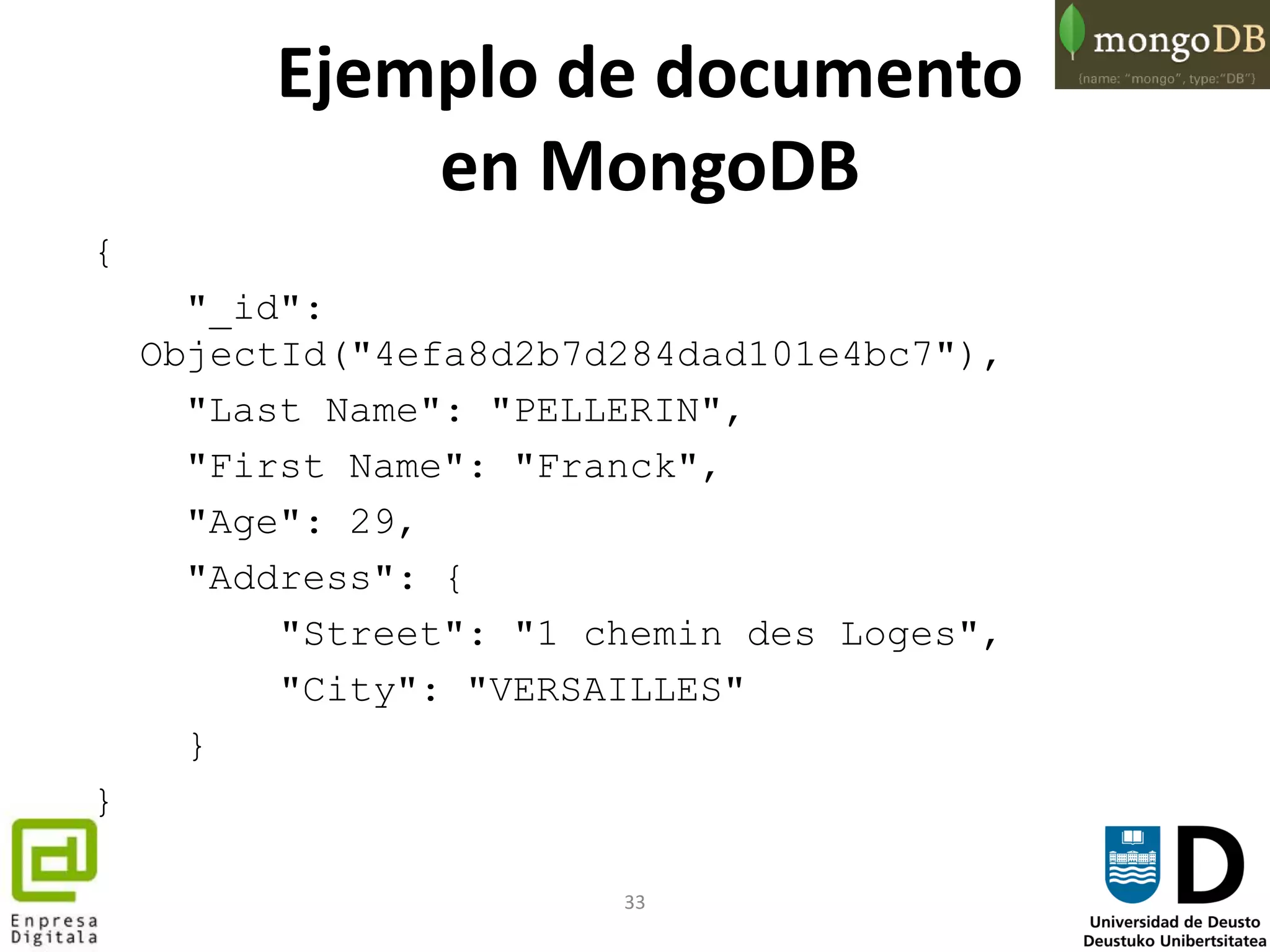 33
Ejemplo de documento
en MongoDB
{
"_id":
ObjectId("4efa8d2b7d284dad101e4bc7"),
"Last Name": "PELLERIN",
"First Name": "Franck",
"Age": 29,
"Address": {
"Street": "1 chemin des Loges",
"City": "VERSAILLES"
}
}
 