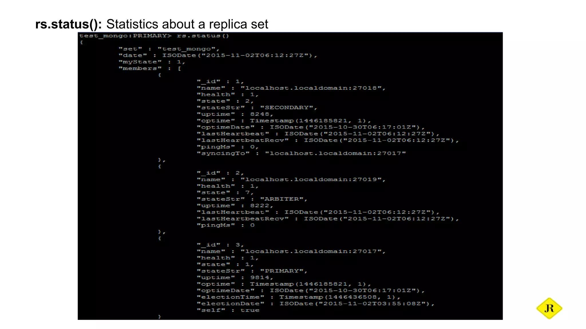 rs.status(): Statistics about a replica set 