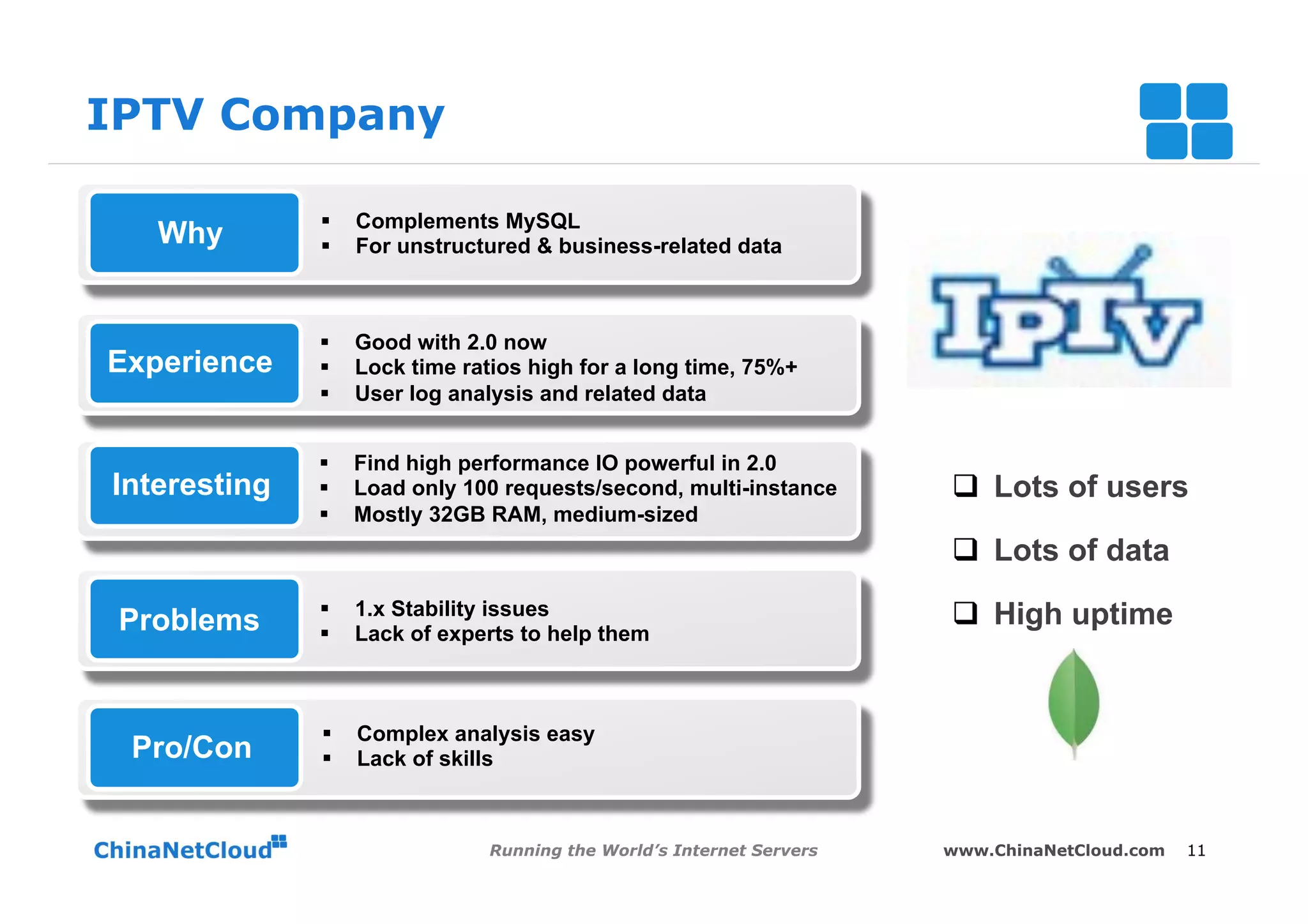 IPTV Company

              §    Complements MySQL
   Why        §    For unstructured & business-related data



              §    Good with 2.0 now
Experience    §    Lock time ratios high for a long time, 75%+
              §    User log analysis and related data


              §    Find high performance IO powerful in 2.0
Interesting   §    Load only 100 requests/second, multi-instance       q  Lots of users
              §    Mostly 32GB RAM, medium-sized
                                                                        q  Lots of data

 Problems     §    1.x Stability issues                                q  High uptime
              §    Lack of experts to help them



              §    Complex analysis easy
 Pro/Con      §    Lack of skills



                                 Running the World’s Internet Servers   www.ChinaNetCloud.com   11
 