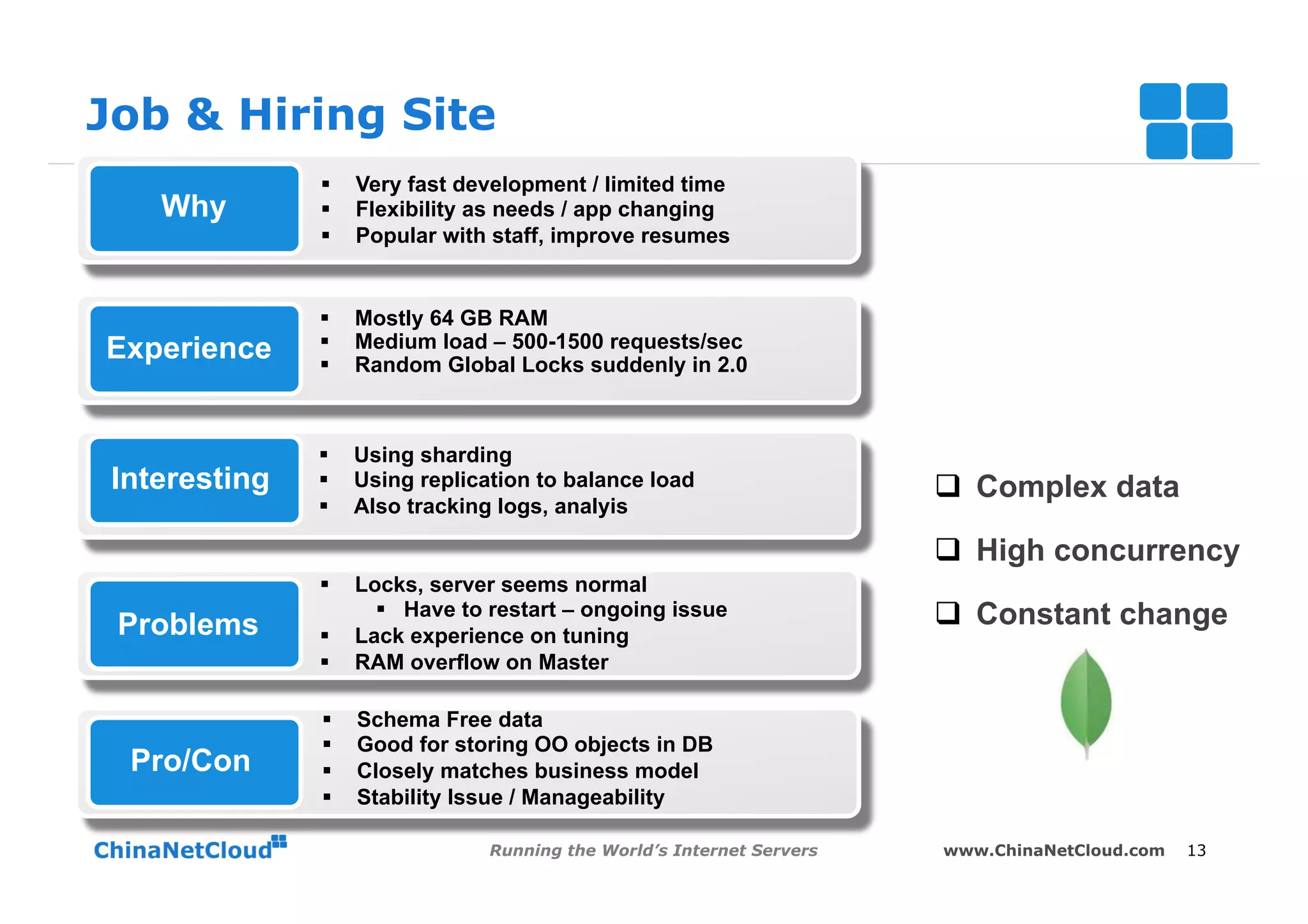 Job & Hiring Site
               §    Very fast development / limited time
    Why        §    Flexibility as needs / app changing
               §    Popular with staff, improve resumes


               §    Mostly 64 GB RAM
Experience     §    Medium load – 500-1500 requests/sec
               §    Random Global Locks suddenly in 2.0



               §    Using sharding
 Interesting   §    Using replication to balance load                   q  Complex data
               §    Also tracking logs, analyis

                                                                         q  High concurrency
               §    Locks, server seems normal
 Problems
                       §  Have to restart – ongoing issue               q  Constant change
               §    Lack experience on tuning
               §    RAM overflow on Master

               §    Schema Free data
               §    Good for storing OO objects in DB
  Pro/Con      §    Closely matches business model
               §    Stability Issue / Manageability

                                  Running the World’s Internet Servers   www.ChinaNetCloud.com   13
 