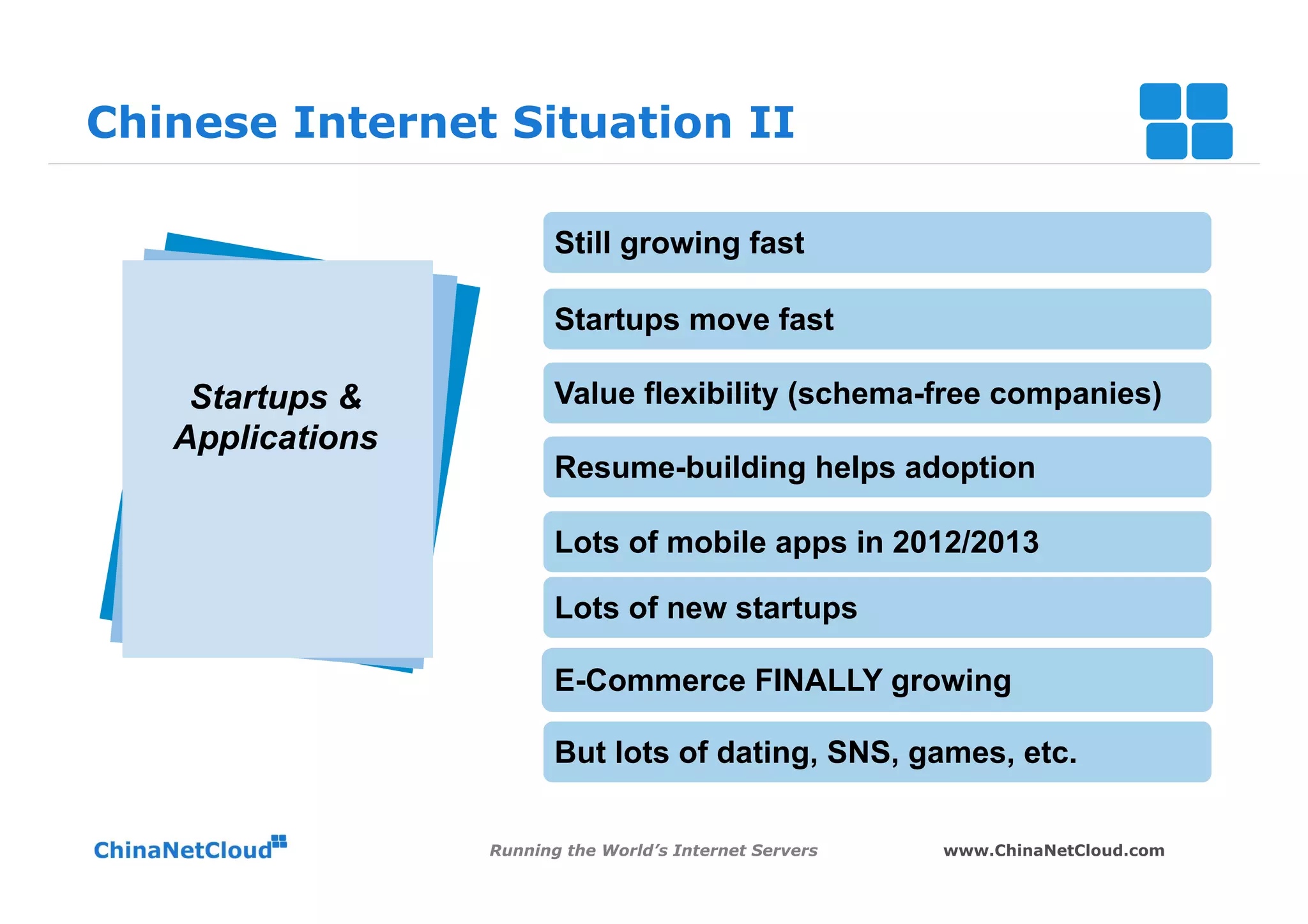 Chinese Internet Situation II

                         Still growing fast

                         Startups move fast

    Startups &           Value flexibility (schema-free companies)
   Applications
                         Resume-building helps adoption

                         Lots of mobile apps in 2012/2013

                         Lots of new startups

                         E-Commerce FINALLY growing

                         But lots of dating, SNS, games, etc.


                  Running the World’s Internet Servers   www.ChinaNetCloud.com
 