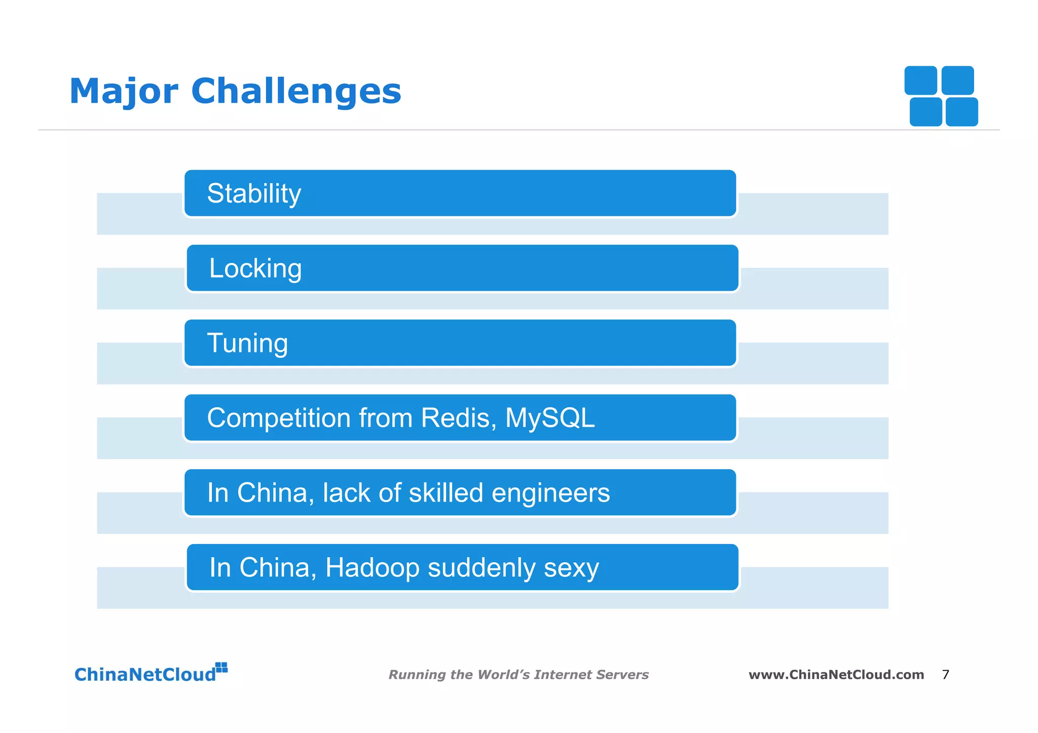 Major Challenges

      Stability

      Locking

      Tuning

      Competition from Redis, MySQL

      In China, lack of skilled engineers

      In China, Hadoop suddenly sexy


                     Running the World’s Internet Servers   www.ChinaNetCloud.com   7
 