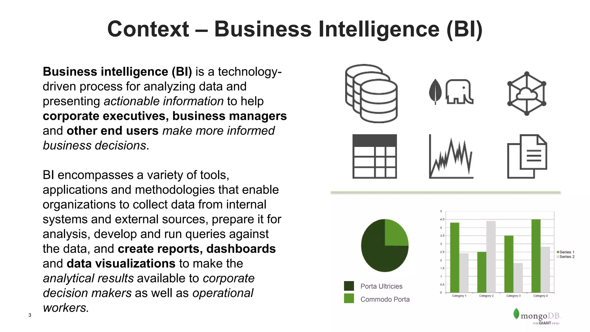 3 Context – Business Intelligence (BI) Business intelligence (BI) is a technology- driven process for analyzing data and presenting actionable information to help corporate executives, business managers and other end users make more informed business decisions. BI encompasses a variety of tools, applications and methodologies that enable organizations to collect data from internal systems and external sources, prepare it for analysis, develop and run queries against the data, and create reports, dashboards and data visualizations to make the analytical results available to corporate decision makers as well as operational workers. Porta Ultricies Commodo Porta 